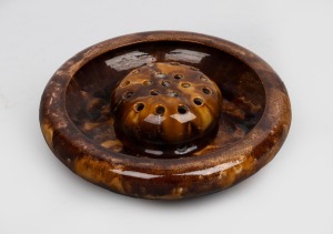 McHUGH brown glazed pottery flower bowl with aide, incised "H. McHugh, Tasmania", 23cm diameter.