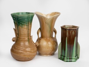 BENDIGO POTTERY two mantle vases; together with a green and brown glazed Art Deco pottery vase, (3 items), ​​​​​​​the largest 26cm high.