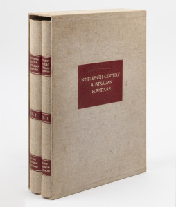 "NINETEENTH CENTURY AUSTRALIAN FURNITURE", by Fahy, Simpson and Simpson [Syd. 1985], rare two volume hardcover edition in cloth boards with slip case, signed by Simpson and Simpson. Some toning and spotting to the covers and slipcase, otherwise, a good fi