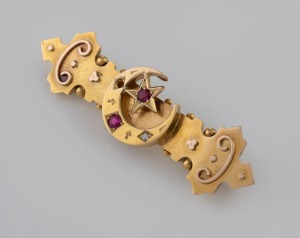 NEWMAN antique Australian 15ct gold brooch, adorned with crescent and star, set with stones (one missing), 19th/20th century, stamped "Newman, 15" with pictorial marks, 5.2cm wide, 5.5 grams total