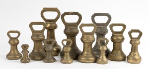 BELL WEIGHTS twelve assorted cast brass examples, some with Government Broad Arrow stamp, ranging from 7lb to 8oz, (three part sets), 19th century.