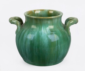 JOHN CAMPBELL two handled green glazed pottery vase, incised "John Campbell, Tasmania", 19cm high, 25cm wide.