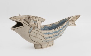 STEPHEN BENWELL Australian art ceramic fish bowl, (tail repaired), signed "S. Benwell", ​​​​​​​15cm high, 34cm long.