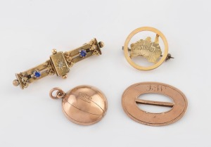 Antique Australian 9ct gold bar brooch with stones, together with a Federation map of Australia 9ct gold brooch, a 9ct rose gold football fob, and a 9ct rose gold buckle, 19th/20th, (4 items), the brooch 5.2cm wide, 13.3 grams total.