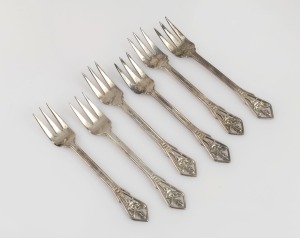 LINTON set of six Western Australian silver cake forks, housed in original box, 11.5cm long, 90 grams total.