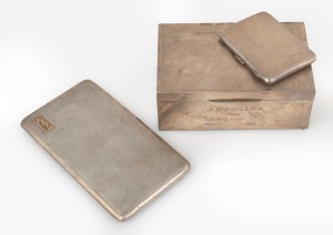 Australian silver cigarette box with cedar lining (449 grams total), together with two Australian silver cigarette cases (306 grams total), one with 9ct rose gold applied monogram, 20th century, (3 items), the box 14cm wide, 756 grams total (including cedar lining).
