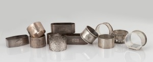 Twelve assorted antique and vintage Australian silver napkin rings (one boxed), makers include MOLE of Brisbane, F. & W. STEWART of Launceston, PIPER of Melbourne, and others, 19th/20th century, 355 grams total.