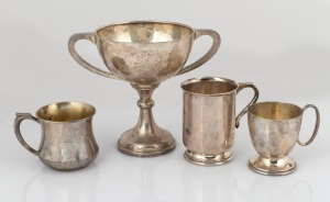 Three Australian silver christening mugs and an Australian silver trophy cup, makers include KERR of Sydney, and Stokes & Sons of Melbourne, mixed vintages, (4 items), the trophy 15cm high, 546 grams total.
