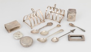 Australian silver toast racks, spoons vesta, trinket boxes, match box hold, etc, mixed vintages, (12 items), 338 grams total.