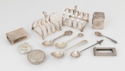 Australian silver toast racks, spoons vesta, trinket boxes, match box hold, etc, mixed vintages, (12 items), ​​​​​​​338 grams total.