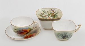 ROYAL WORCESTER English porcelain sugar bowl, two teacups and a saucer, all designed by ELLIS ROWAN, (4 items), the sugar bowl 6cm high, 10cm wide.