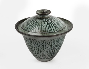 DAVID and HERMIA BOYD lidded pottery bowl, incised "D. + H. Boyd", ​​​​​​​11cm high, 13cm diameter.
