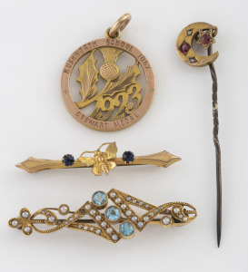 An antique Australian 15ct gold bar brooch with seed pearls and blue stones (3.3 grams), together with an antique 15ct gold and red stone stickpin (1.5 grams including steel pin), a 9ct gold and sapphire butterfly brooch (0.9 grams), and a 9ct fob (5 gram