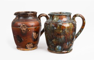 MASHMAN blue and brown glazed pottery jug together with a brown glazed mottled example, (2 items), ​​​​​​​19.5cm high.