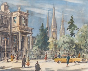 ERNEST VOGEL (1909-1993), (Melbourne Street scene), watercolour, signed lower right "E. Vogel", ​​​​​​​37 x 45cm, 50 x 57cm overall.