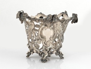 WILLIAM EDWARDS of Melbourne antique Australian silver pierced basket (missing handle) decorated with parrots, birds and bunches of grapes, mid 19th century, 11cm high, 269 grams.