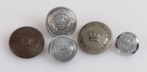 PENAL DEPARTMENT and VICTORIA POLICE Queen Victoria crown tunic buttons in two sizes, (5 items).