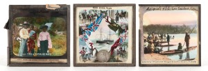 Three antique coloured Magic Lantern slides: I.) Aboriginals Of Lake Tyers, Gippsland, Victoria, II.) Types Of Aboriginal Beauty, III.) Boer War. 8.5 x 8.5cm each overall.