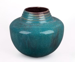 KLYTIE PATE pottery vase glazed in turquoise with mauve interior, incised "Klytie Pate", 18cm high.
