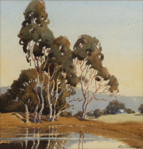 R.E. THOMPSON, I.) untitled (sulky in landscape), II. untitled (Australian farm scene), watercolour, both signed "R.E. Thompson", approximately 24 x 23cm each, the larger frame 49 x 44cm overall.