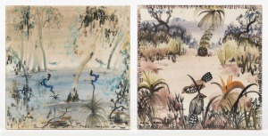 NEIL DOUGLAS pair of hand-painted ceramic tiles, one with kangaroos in bush landscape, the other with two pardalotes in landscape, both signed "NEIL DOUGLAS", 15.5 x 15.5cm each overall.
