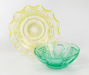Two Australian Crown Crystal bowls, in green and uranium glass, the larger 23cm wide.
