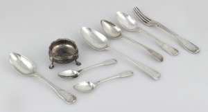 RUNNYMEDE TASMANIA, assorted antique silver cutlery, together with a Georgian sterling silver salt cellar by Richard Hennell I & Robert Hennell I of made in London, circa 1765, (8 items), PROVENANCE: Bayly family.