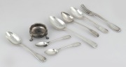 RUNNYMEDE TASMANIA, assorted antique silver cutlery, together with a Georgian sterling silver salt cellar by Richard Hennell I & Robert Hennell I of made in London, circa 1765, (8 items), PROVENANCE: Bayly family.