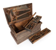 An antique Australian cabinet maker's tool chest of Baltic pine construction with distressed painted finish, comprehensively fitted with a fine selection of&nbsp;hand tools and sliding tray compartments, circa 1900, 48cm high, 96cm wide, 50cm deep - 2