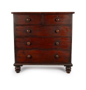 An antique Colonial Australian cedar chest of five drawers with cross grained cushion moulded edge, original cedar knobs and brass hardware, full cedar secondary timbers, Tasmanian origin, circa 1850, ​​​​​​​119cm high, 115cm wide, 50cm deep.