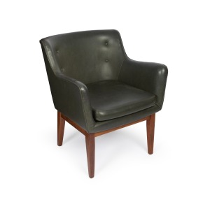 FEATHERSTON for ARISTOC vintage green leatherette armchair with timber base, bearing "Featherston Interiors" and "Aristoc" labels, 80cm high, 66cm across the arms