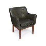 FEATHERSTON for ARISTOC vintage green leatherette armchair with timber base, bearing "Featherston Interiors" and "Aristoc" labels, 80cm high, 66cm across the arms