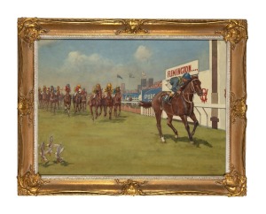 ALLAN BERNALDO (1900-1988), (Flemington finishing post), watercolour, signed lower right "Allan T. Bernaldo, '82", 55 x 75cm, 70 x 91cm overall.