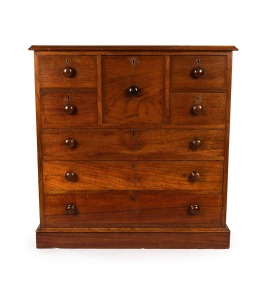 An antique Australian dwarf lum style chest of drawers with well figured cuts of cedar and huon pine secondary carcass timbers, Tasmanian origin, circa 1870, 94cm high, 91cm wide, 51cm deep