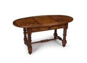 PETER McCANN (1828-1908) of TORQUAY VICTORIA: Unique and interesting user-made games table on turned blackwood stretcher base and with single frieze drawer, the oval top with parquetry chess and cribbage inlay of numerous Victorian specimen timbers includ