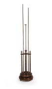 ALCOCK (attributed) handsome antique Australian Tasmanian blackwood revolving billiard cue stand with barley twist supports and lidded urn finials, circa 1870, accompanied by three billiard cues, 126cm high, 59cm diameter. - 3
