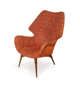 FEATHERSTON B230 vintage Australian armchair with orange upholstery, circa 1953, factory ink stamp to the timber frame, 100cm high, 70cm across the arms.