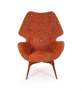 FEATHERSTON B230 vintage Australian armchair with orange upholstery, circa 1953, factory ink stamp to the timber frame, 100cm high, 70cm across the arms. - 2