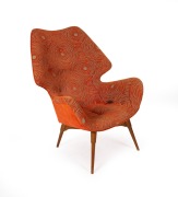 FEATHERSTON B230 vintage Australian armchair with orange upholstery, circa 1953, factory ink stamp to the timber frame, 100cm high, 70cm across the arms. - 3