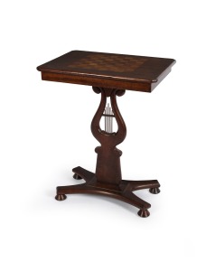 A rare Colonial Australian cedar games table with lyre shaped column and strings of brush cypress pine, with chess board top inlaid with burr cedar and cypress pine, New South Wales origin, circa 1850, 73cm high, 58cm wide, 41.5cm deep.