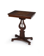 A rare Colonial Australian cedar games table with lyre shaped column and strings of brush cypress pine, with chess board top inlaid with burr cedar and cypress pine, New South Wales origin, circa 1850, 73cm high, 58cm wide, 41.5cm deep.