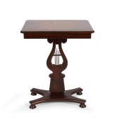 A rare Colonial Australian cedar games table with lyre shaped column and strings of brush cypress pine, with chess board top inlaid with burr cedar and cypress pine, New South Wales origin, circa 1850, 73cm high, 58cm wide, 41.5cm deep. - 2