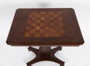 A rare Colonial Australian cedar games table with lyre shaped column and strings of brush cypress pine, with chess board top inlaid with burr cedar and cypress pine, New South Wales origin, circa 1850, 73cm high, 58cm wide, 41.5cm deep. - 3