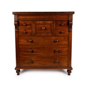 An antique Australian cedar chest of eight drawers with handsomely carved corbels and cross banded edge, top drawer with secret locking mechanism, 19th century, paper label affixed to the carcass beneath the hat drawer "FROM SAMUEL SMITH'S CABINET, UPHOLSTERY AND GENERAL FURNISHING WAREHOUSE, 74 LIVERPOOL ST. HOBART TOWN, OPPOSITE THE CRITERION HOTEL", 139cm high, 127cm wide, 56cm deep.