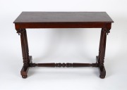 An antique Colonial Australian cedar side table with turned stretcher base, columns and finials, South Australian origin, circa 1860, 78cm high, 114cm wide, 50cm deep