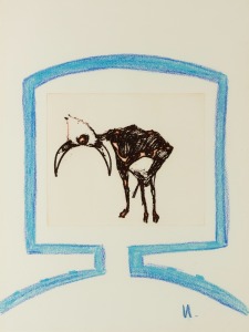 SIDNEY NOLAN (1917-1992), Ned Kelly With Carcass, (Dust Series), sepia etching and blue crayon, signed lower right with a backward "N", 63 x 48cm, 99 x 81cm overall,