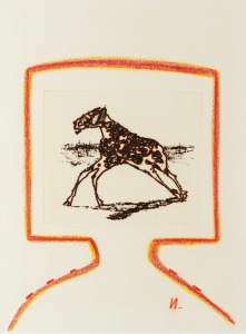 SIDNEY NOLAN (1917-1992), Ned Kelly With Carcass, (Dust Series), 1971, sepia etching and orange crayon, signed lower right with a backward "N", 63 x 48cm, 99 x 81cm overall,