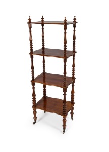 An antique Australian four tier blackwood wotnot with finely turned bobbin supports and original brass casters, Melbourne origin, circa 1870, 127.5cm high, 45cm wide, 32.5cm deep.