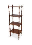 An antique Australian four tier blackwood wotnot with finely turned bobbin supports and original brass casters, Melbourne origin, circa 1870, 127.5cm high, 45cm wide, 32.5cm deep.