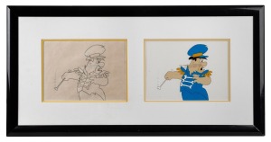HANNA-BARBERA CARTOONS: Animation cell and matching sketch featuring Fred Flintstone in orchestral garb; window-mounted, framed and glazed, 42 x 78cm overall.